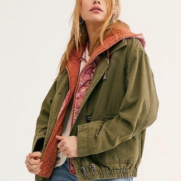 Free People We The Free Military Twill Jacket Olive Green with Quilted Hood S - Picture 1 of 11